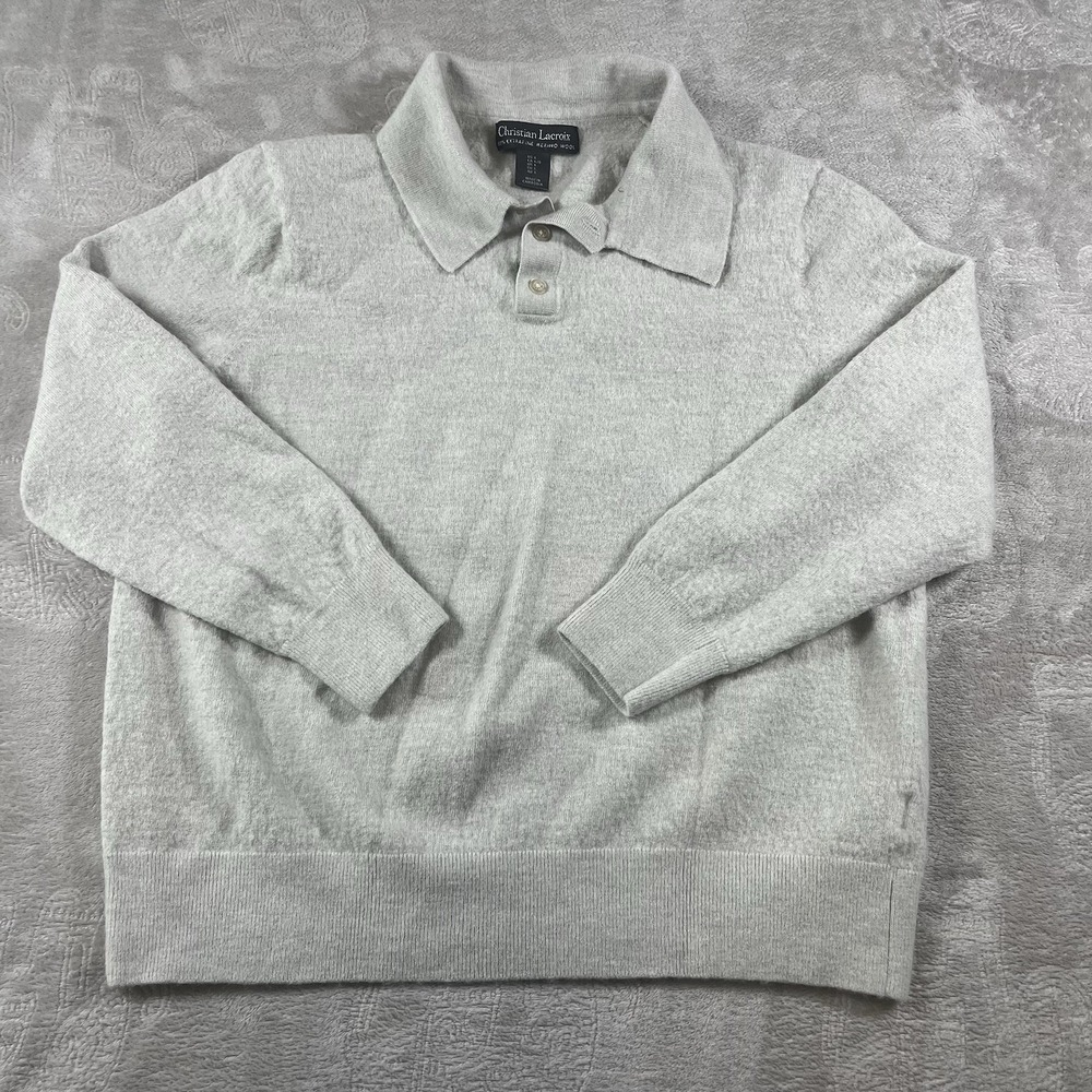 Christian Lacroix Merino Wool Polo Sweater Gray Knit Long‎ Sleeve Large - Picture 2 of 8